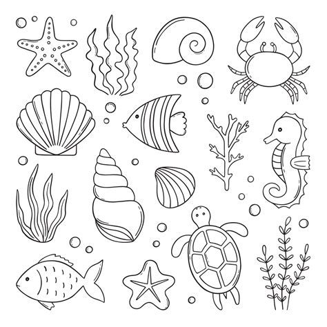 Set of sea life doodle. Underwater elements. Shells, fish, corals and ...