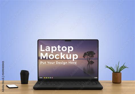 Laptop on wooden Table Mockup Stock Template | Adobe Stock