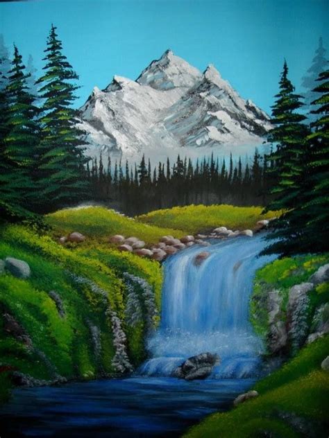 Mountain Landscape Waterfall Art Bob Ross Style Painting Art ...