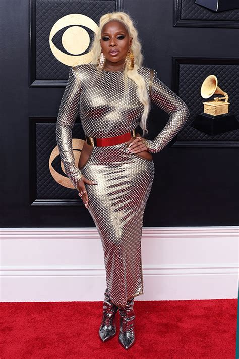 Mary J. Blige High Slit Sequin Dress & Ankle Boots for Grammys ...