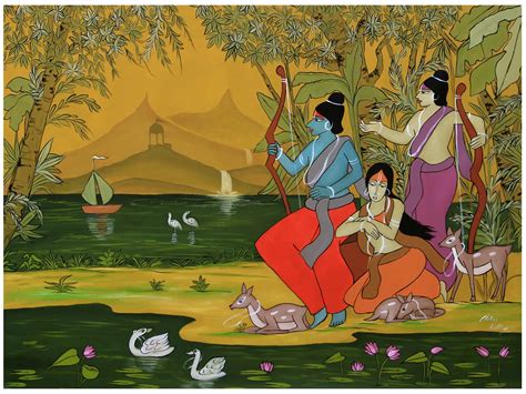 Sita Rama and Lakshmana In Vanvas | Acrylic On Canvas | Exotic India Art