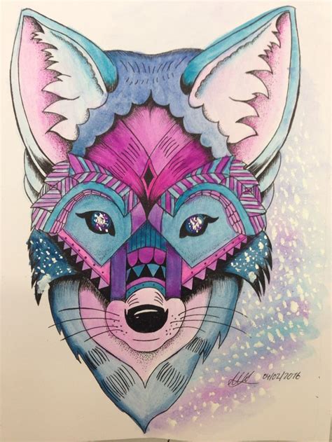 My Wolf/Fox drawing being changed in different ways. Pink,purple, water ...