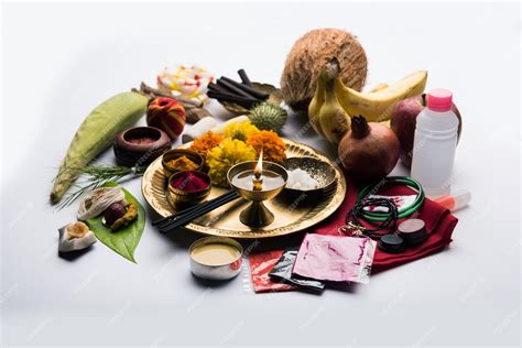 Premium Photo | Pooja Material, items or Puja Sahitya in Hindu Religion ...