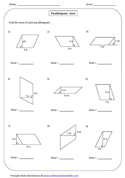 Area Of Triangle And Parallelogram Worksheet