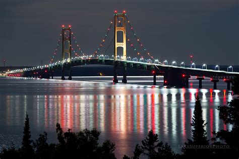 Mackinac Bridge, night reflections2 | LakeSuperiorPhoto.com