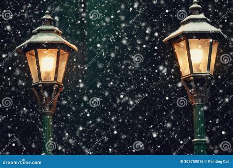 Vintage Street Lamp with Snowfall in the City at Night Stock ...