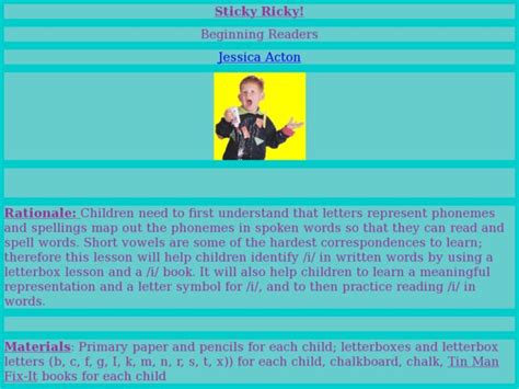 Sticky Ricky! Lesson Plan for Kindergarten - 2nd Grade | Lesson Planet