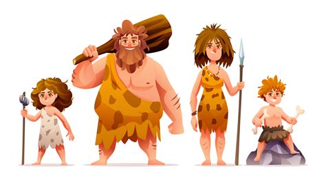 Primitive people characters. Prehistoric stone age caveman family ...