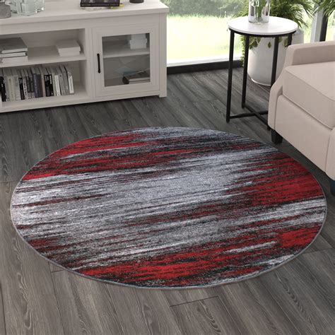 BizChair Modern Contemporary Round Area Rug, Red Grey Black (5 Feet X 5 ...