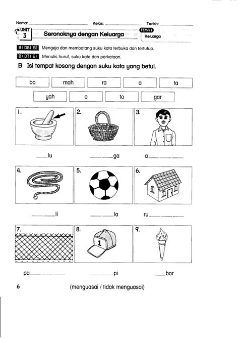 Suku Kata Pemahaman Latihan Bahasa Melayu Tahun 1