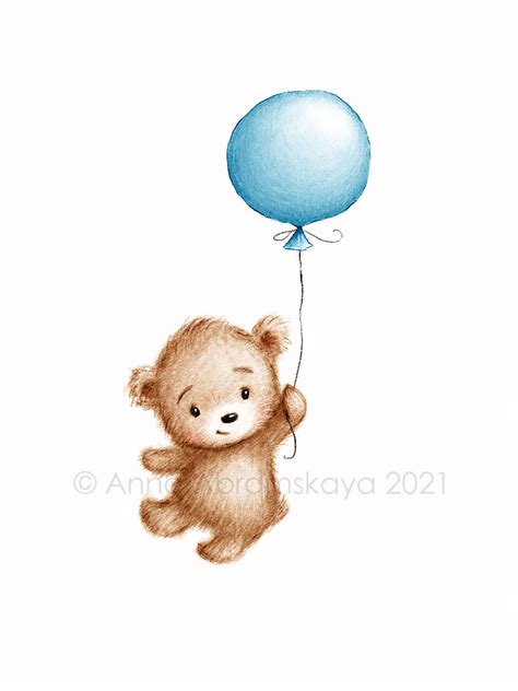 The Drawing of Cute Teddy Bear With Blue Balloon. Printable | Etsy