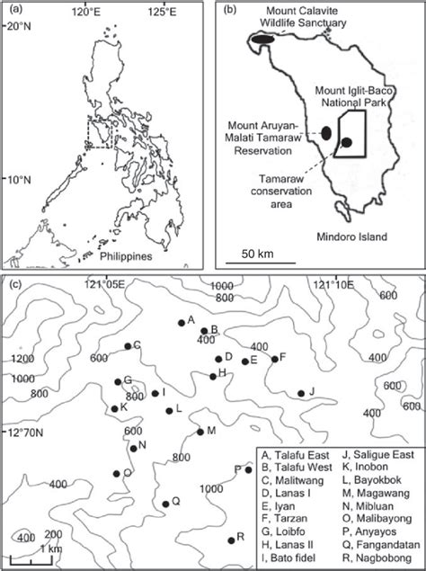 (a) Location of Mindoro Island in the Philippines, (b) habitat ranges ...