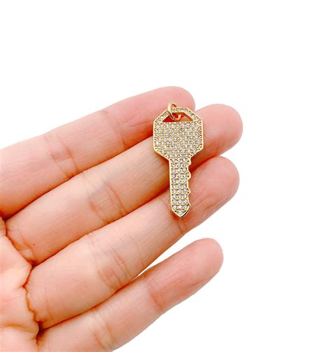 18K Gold Key CZ Micro Pave Charm Pendant, Key Charm, Silver Key Pendant ...