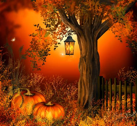 Download Fence Lantern Leaf Tree Pumpkin Artistic Fall Art