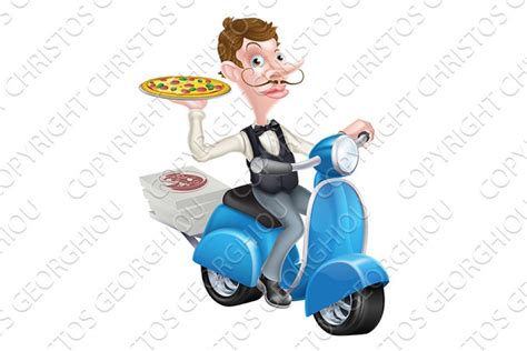 Cartoon Pizza Chef on Delivery Moped Scooter | Pre-Designed Illustrator ...