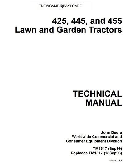 John Deere 425, 445, and 455 Lawn and Garden Tractors Repair Technical ...