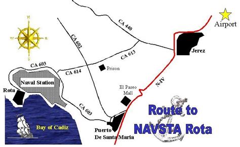 a map of the route to navsita rota, which is located on the coast