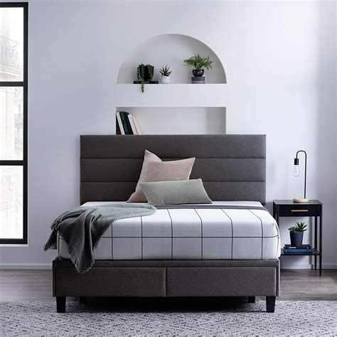 modern gray upholstered bed horizontal channel tufted headboard storage ...