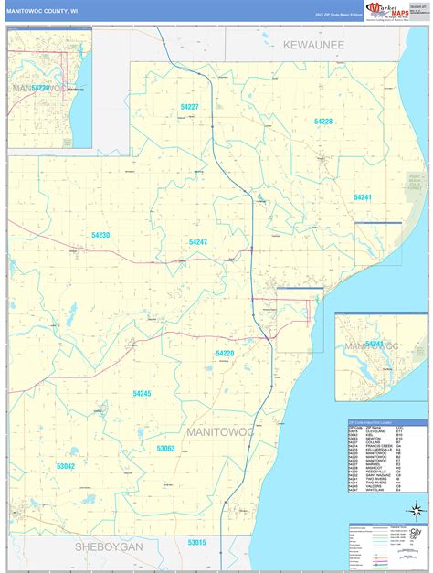 Manitowoc County, WI Zip Code Wall Map Basic Style by MarketMAPS