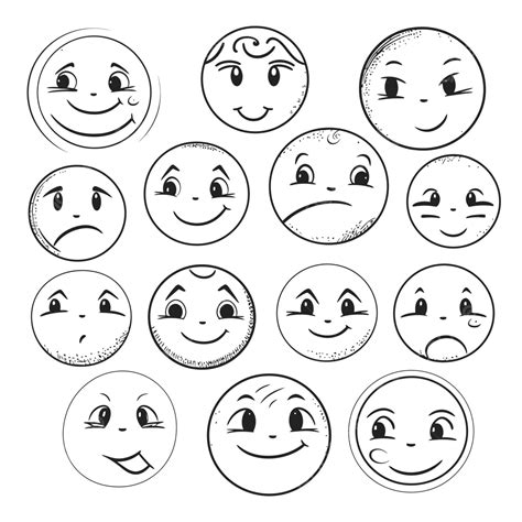 Set Of Smiley Face Drawing With Many Expressions Outline Sketch Vector ...