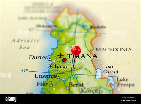 Elbasan map. Close up of Elbasan map with red pin. Map with red pin ...