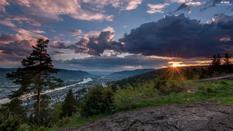 trees, Norway, clouds, Mountains, Drammen, viewes, Great Sunsets - Nice ...