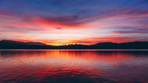 Lake, sunset, horizon, sky, trees, dusk | picture, photo, desktop ...