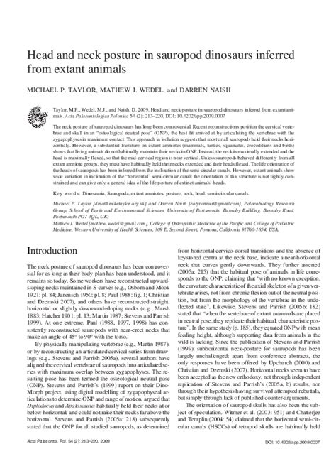 (PDF) Head and Neck Posture in Sauropod Dinosaurs Inferred from Extant ...