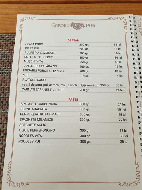 Menu at Garden Pub, Bucharest