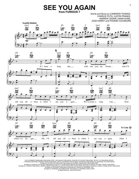 Wiz Khalifa feat. Charlie Puth "See You Again" Sheet Music Notes ...