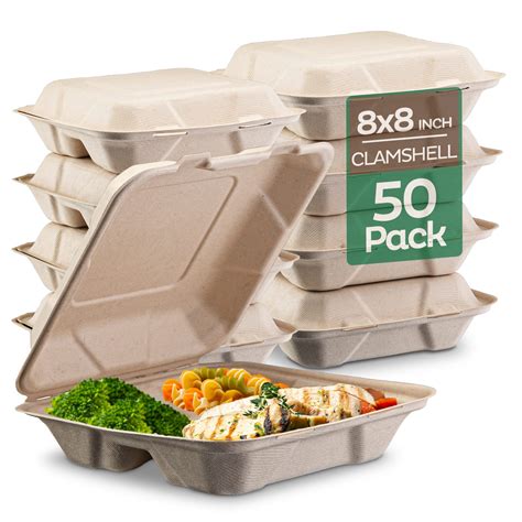 100% Compostable Clamshell Take Out Food Containers [8X8" 3-Compartment ...