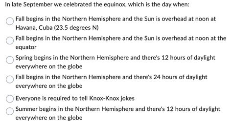 Solved In late September we celebrated the equinox, which is | Chegg.com