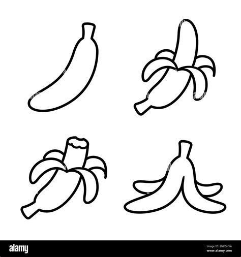 Doodle banana black and white line icons: whole, peeled, bitten and ...