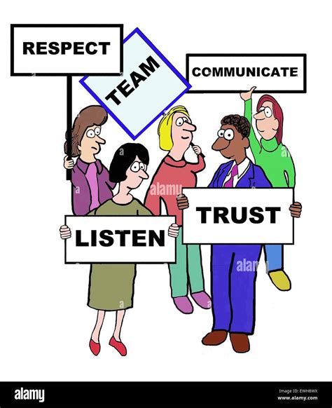 Business cartoon of businesspeople holding signs, 'team: respect ...