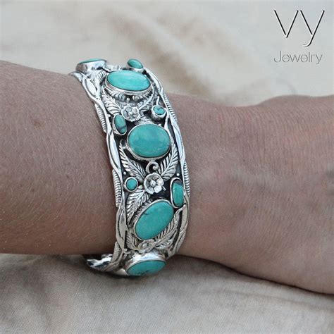 Turquoise Silver Cuff Bracelet - 925 Sterling Genuine Stones - VY Jewelry