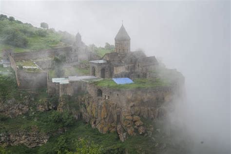 Aerial view of Tatev Monastery on the rocks, a monastery complex with ...