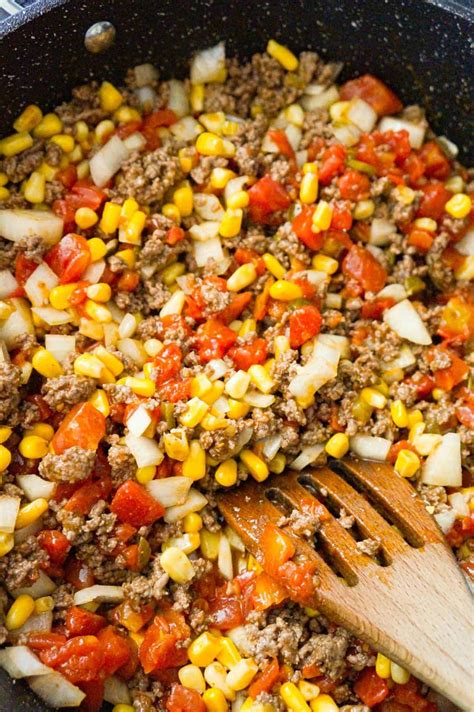 diced tomatoes, diced onions, corn and ground beef in a large saute pan ...