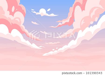 Anime sky, pink clouds landscape. Cute romantic... - Stock Illustration ...