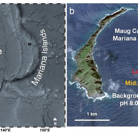 a) Maug islands within the Mariana Islands, and b) Maug Caldera with ...