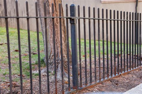 Premium Photo | A black iron fence with a tree in the background.