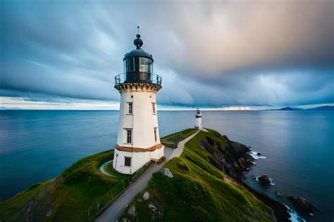 Premium Photo | A white lighthouse stands on a cliff overlooking the ocean.