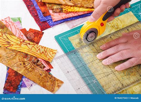 Process Cutting Fabric Pieces by Rotary Cutter on Mat Using Ruler Stock ...