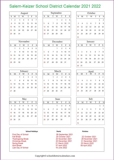 Salem-Keizer School District, Oregon Calendar Holidays 2021-2022 School ...