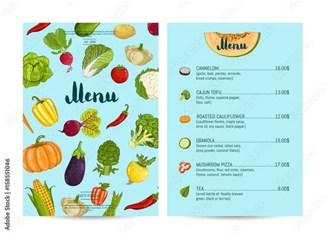 Vegan cafe food menu design vector illustration. Vegetarian restaurant ...