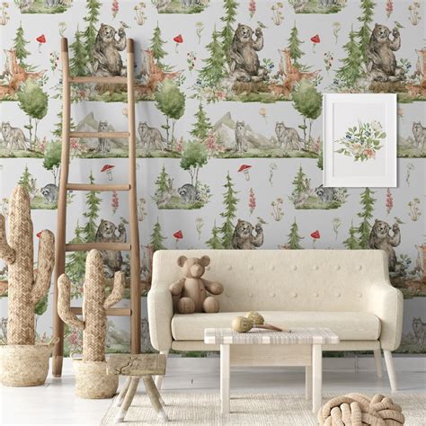 Woodland Nursery Wallpaper Kids Forest Animals Wall Decor - Etsy