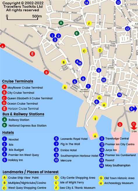 Southampton Map - cruise terminals, hotels, bus and train stations