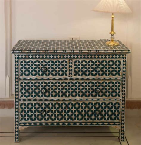 Mother of Pearl Inlay 4 Drawers Chest , in Green Star Design, Inlaid ...