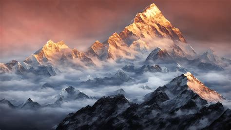 Himalayas mount Everest during a foggy sunset night, Sagarmatha ...