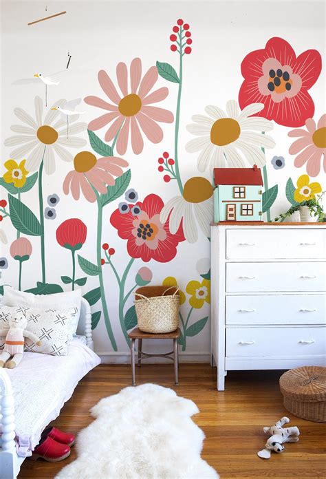 Flower Garden removable wallpaper mural white | Etsy in 2020 | Kids ...