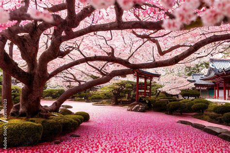 Beautiful japan temple in blossoming sakura garden, pink cherry trees ...